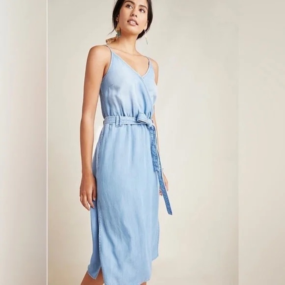 Cloth & Stone Anthropologie Chambray Surplus Tie Waist Midi Dress Blue S